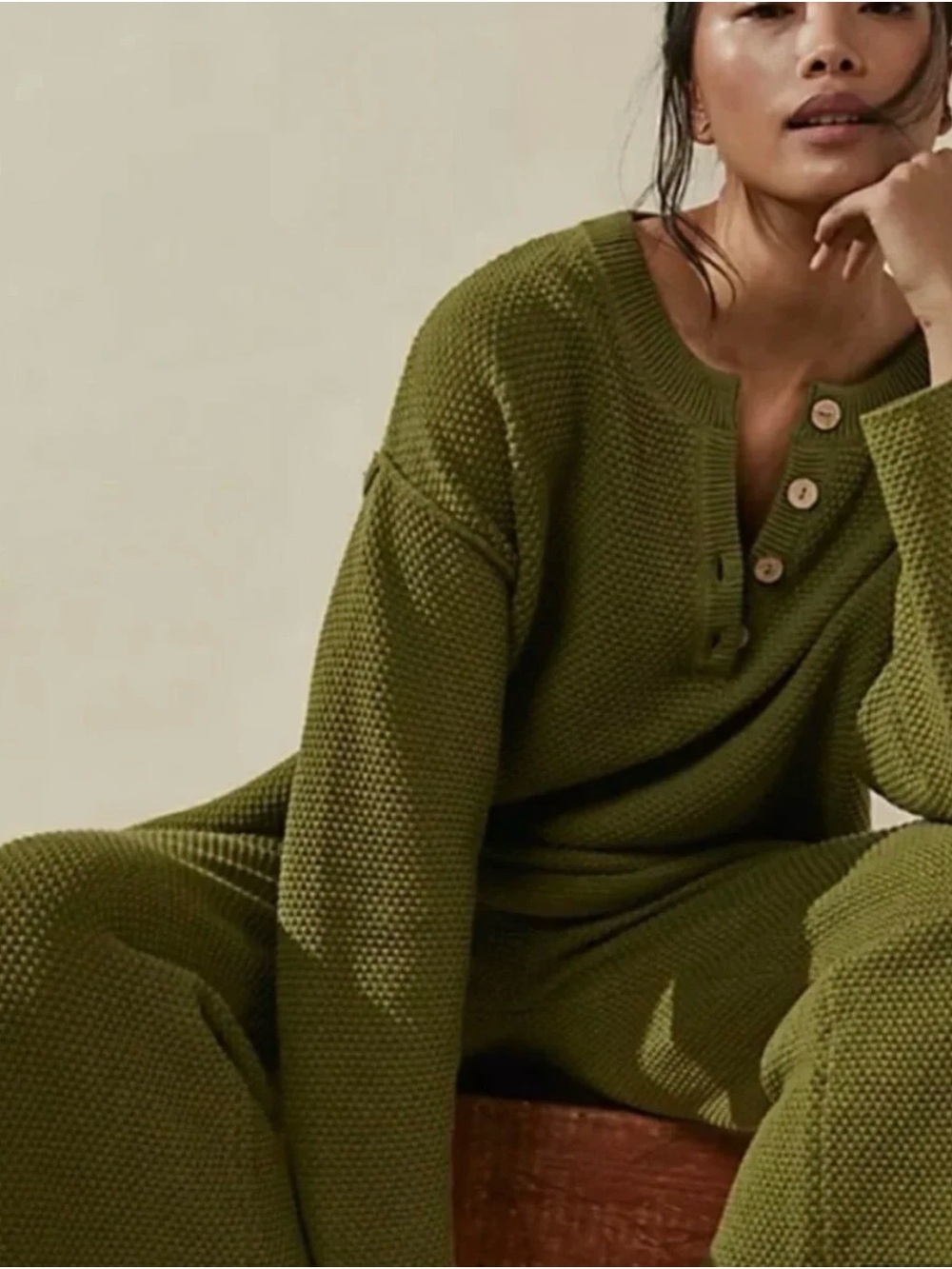 Free People Olive Green Waffle-Knit Hailee Sweater Set
